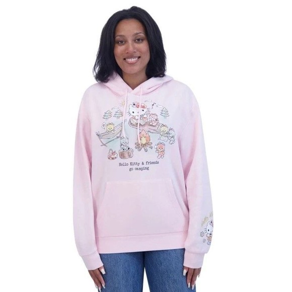 Hello Kitty & Friends Go Camping Pink Hoodie Sweatshirt Pullover Women's Size L - Picture 1 of 8